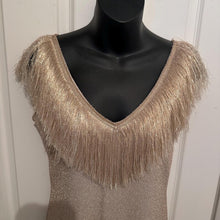 Vintage Metallic Rose Gold Fringe V-Neck Maxi Dress Size M Shimmer Column Slit
