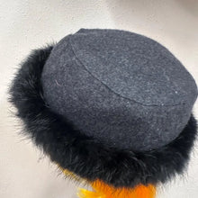 Vintage Charcoal Wool Blend Hat | Black Faux Fur Trim Winter Cap