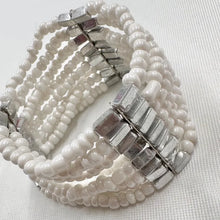 Vintage White Beaded Cuff Stretch Bracelet | Multi Strand Seed Bead Bracelet | Silver Tone Statement Cuff | Boho Minimalist Layered Jewelry