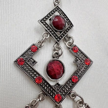 Statement Red Rhinestone Chandelier Earrings | Oversized Geometric Dangle Earrings | Silver Tone Gothic Boho Earrings