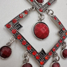 Statement Red Rhinestone Chandelier Earrings | Oversized Geometric Dangle Earrings | Silver Tone Gothic Boho Earrings