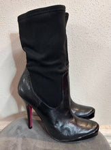 Black Stretch Panel High Heel Boots – Pointed Toe, Sleek Leather Look, Platform Stiletto Boots
