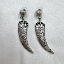 Vintage Silver Tusk Drop Earrings – Bold Statement Dangle with Black Stone Detail