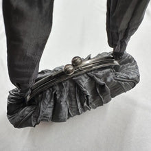 Vintage Charcoal Grey Satin Ruched Evening Bag, Kiss Lock Frame Purse, Y2K Formal Mini Handbag