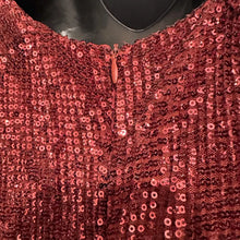 Burgundy Copper Sequin Formal Gown – Double Front Slit Long Sleeve Maxi Dress, Padded Cups & Back Zip, Shimmering Red Bronze Evening
