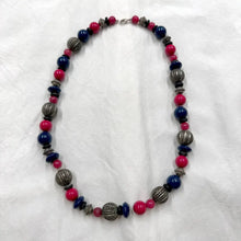 Vintage Red & Navy Beaded Necklace / Silver Tribal Beads / Short Statement Necklace / Bold Colour Jewelry