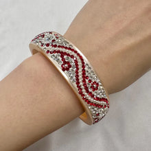 Vintage Rhinestone Pearl Bangle Bracelet, Red Crystal Embellished Cream Lucite Style Bracelet, Y2K Glam Statement Jewelry