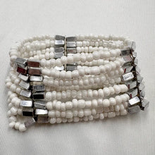 Vintage White Beaded Cuff Stretch Bracelet | Multi Strand Seed Bead Bracelet | Silver Tone Statement Cuff | Boho Minimalist Layered Jewelry