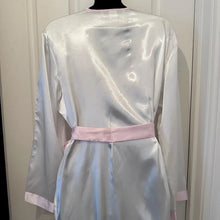 Vintage Relax At Home Satin Robe | White Pink Trim Kimono Loungewear