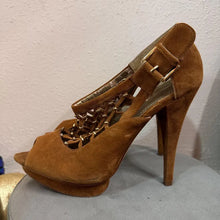Vintage Brown Suede Open Toe Platform Heels – Lace-Up Stiletto Pumps (US 10)