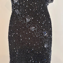 Vintage Black Beaded Sequin One Shoulder Maxi Dress, Silver Floral Embellished Evening Gown, Asymmetric Ruffle Hem, Statement Party Dress
