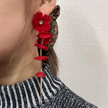 Statement Red Floral Drop Earrings | Fabric Flower Cascade Earrings | Gold Tone Long Dangle Stud Earrings