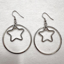Silver Star Hoop Drop Earrings – Minimal Celestial Circle Statement