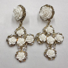 Vintage White Rose Cross Statement Earrings | Baroque Floral Rhinestone Drop Earrings | Gold Tone Romantic Gothic Jewel