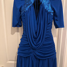 Vintage 80s Electric Blue Sequin Draped Maxi Dress | Open Back Tie Detail, Made Australia
