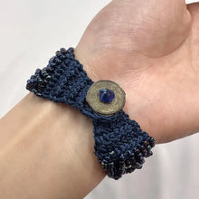 Vintage Handwoven Beaded Cuff Bracelet | Navy Seed Bead Macramé Bracelet | Boho Artisan Statement Bracelet | Button Closure