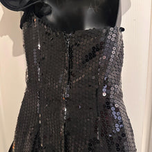 Vintage Nadine Black Sequin One Shoulder Gown | Asymmetrical Taffeta Bow Formal Dress ￼