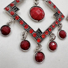 Statement Red Rhinestone Chandelier Earrings | Oversized Geometric Dangle Earrings | Silver Tone Gothic Boho Earrings