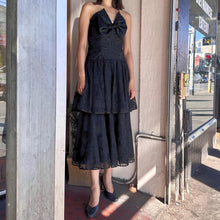Vintage Evaldo Bock Black Bow Midi Dress / 80s Party Dress / Romantic Tiered Lace Formal Dress
