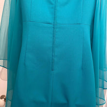Vintage 70s H&T Creation Teal Cape Dress Size SSW / S | Rare Sheer Chiffon Tiered Overlay Cocktail Dress | Retro V-Neck Avant Garde Dress