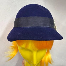 Vintage Navy Wool Felt Cloche Hat | Floral Appliqué, 1960s Style, Made England