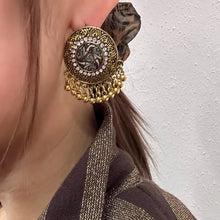 Vintage Boho Gold Medallion Earrings | Rhinestone & Coin Fringe Drop Earrings | Ethnic Statement Earrings