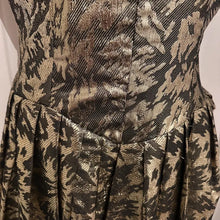 Vintage 1950s Metallic Brocade Fit and Flare Dress | Gold Black Jacquard Party Formal Occasion