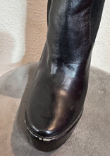 Black Stretch Panel High Heel Boots – Pointed Toe, Sleek Leather Look, Platform Stiletto Boots