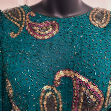 Vintage 80s Heavily Beaded Silk Gown Emerald Teal Sequin Cutout Prom Pageant Dress