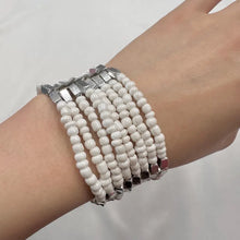 Vintage White Beaded Cuff Stretch Bracelet | Multi Strand Seed Bead Bracelet | Silver Tone Statement Cuff | Boho Minimalist Layered Jewelry