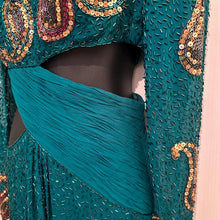 Vintage 80s Heavily Beaded Silk Gown Emerald Teal Sequin Cutout Prom Pageant Dress