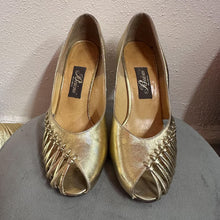 Vintage Gold Leather Peep Toe Heels Size EU 37 | Woven Detail Pumps Metallic Party Shoes Stiletto Heel