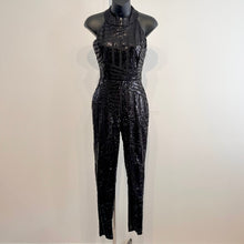 Black Sequin Halter Jumpsuit, Geometric Stripe Open Back Party Outfit (Size S)