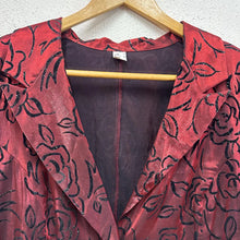 Vintage Burgundy Burnout Velvet Rose Jacket | Sheer Floral Open Front Lightweight (EU 40)