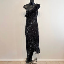Vintage Black Beaded Sequin One Shoulder Maxi Dress, Silver Floral Embellished Evening Gown, Asymmetric Ruffle Hem, Statement Party Dress