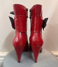 Vintage Red Patent Leather Bow Ankle Boots – Stiletto Heel, Pre-Loved Statement Style