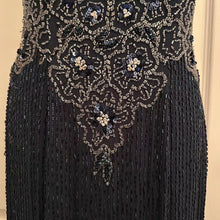 Vintage 1980s Beaded Fringe Dress | Midnight Blue Asymmetric Mock Neck Evening Gown