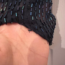 Vintage 1980s Beaded Fringe Dress | Midnight Blue Asymmetric Mock Neck Evening Gown