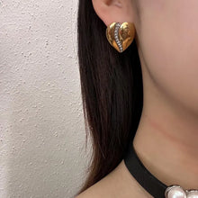 Vintage Gold Tone Heart Stud Earrings – Rhinestone Accent Statement