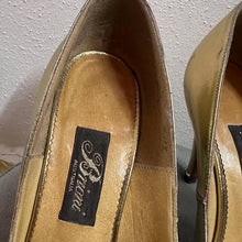 Vintage Gold Leather Peep Toe Heels Size EU 37 | Woven Detail Pumps Metallic Party Shoes Stiletto Heel