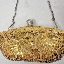 Gold Sequin Evening Clutch Bag | Rhinestone Clasp, Chain Purse, Vintage Glam Handbag