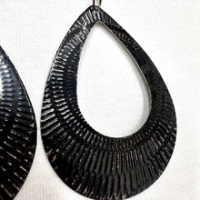 Black Textured Teardrop Statement Earrings – Glossy Sculptural Drop Hoops