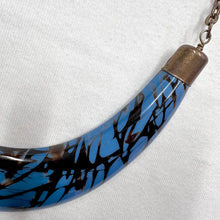 Vintage Blue Statement Necklace – Sculptural Crescent Resin Pendant with Abstract Black Pattern