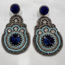 Vintage Blue Beaded Statement Earrings – Oversized Felt & Crystal Embellished Drops