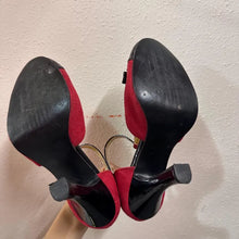 Red Suede Black Patent T-Strap Heels: Leopard Insole, Button Detail Pumps (Size 10)
