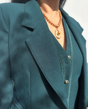 Vintage Teal Two-Piece Set – Structured Jacket & Scallop-Trimmed Vest