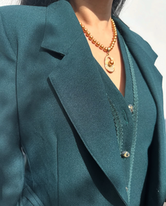 Vintage Teal Two-Piece Set – Structured Jacket & Scallop-Trimmed Vest