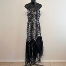 Angelucci Design Sequin Maxi Dress, Black Silver Mermaid Hem, Spaghetti Strap Evening Gown