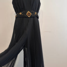 Mary Charmaine Black Pleated Jumpsuit, Embellished Waist, Sheer Wide Leg Trousers