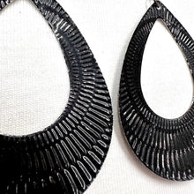 Black Textured Teardrop Statement Earrings – Glossy Sculptural Drop Hoops